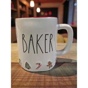 Rae Dunn "Baker" Ceramic Mug With Christmas Cookie Designs & Red Rim